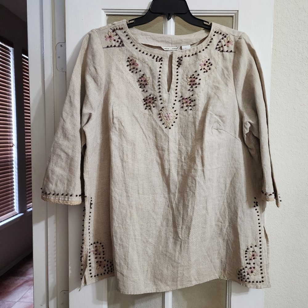 Vintage Edward Woman Linen Blend Embroidered Beaded Boho Tunic Top 1X